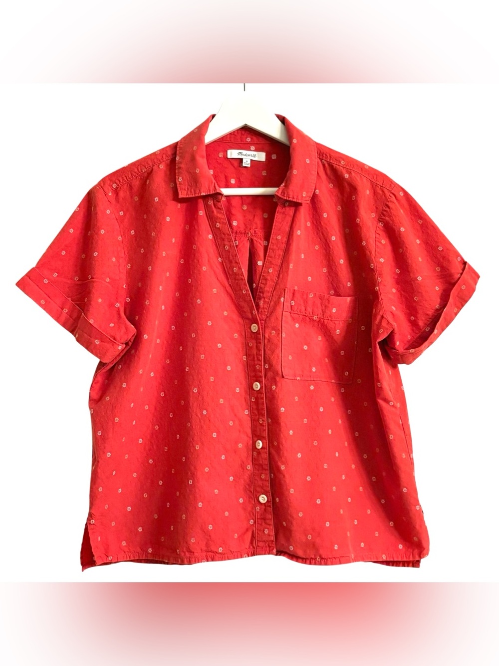 Madewell Womens Medium Rust Orange Dobby Dot Button Up Shirt Short Sleeve Cupro